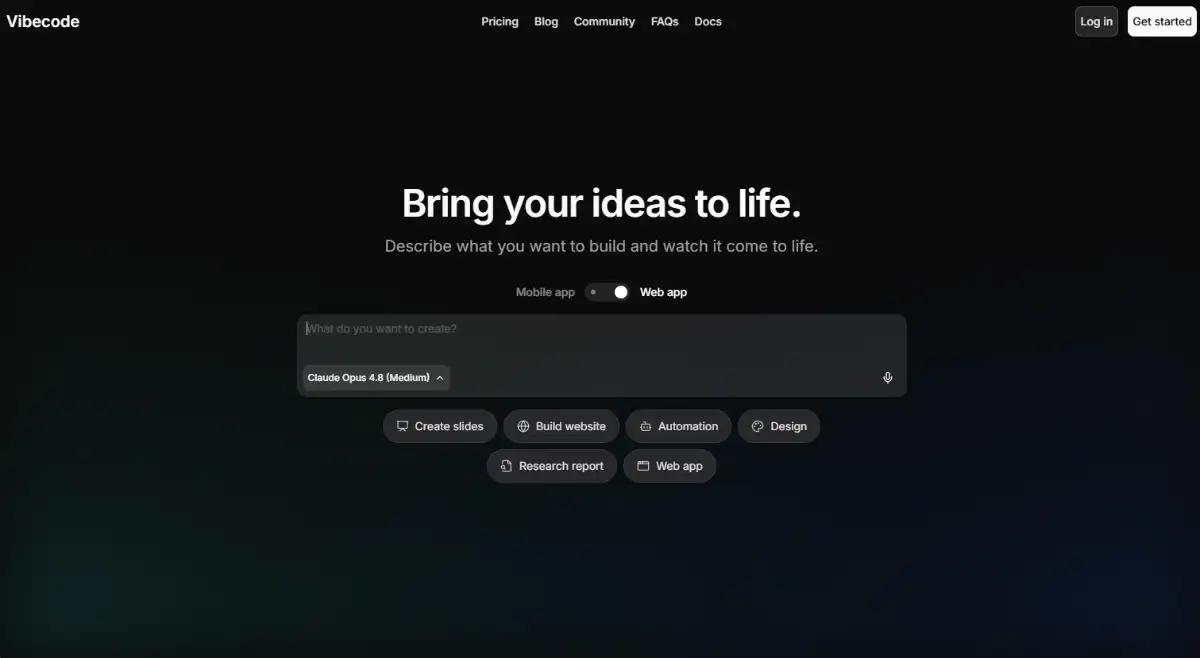 Vibecode mobile-first AI app builder hero section