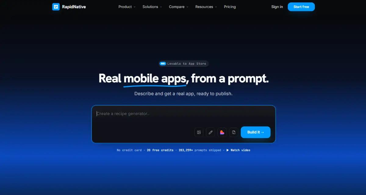 RapidNative AI-native mobile app builder hero section