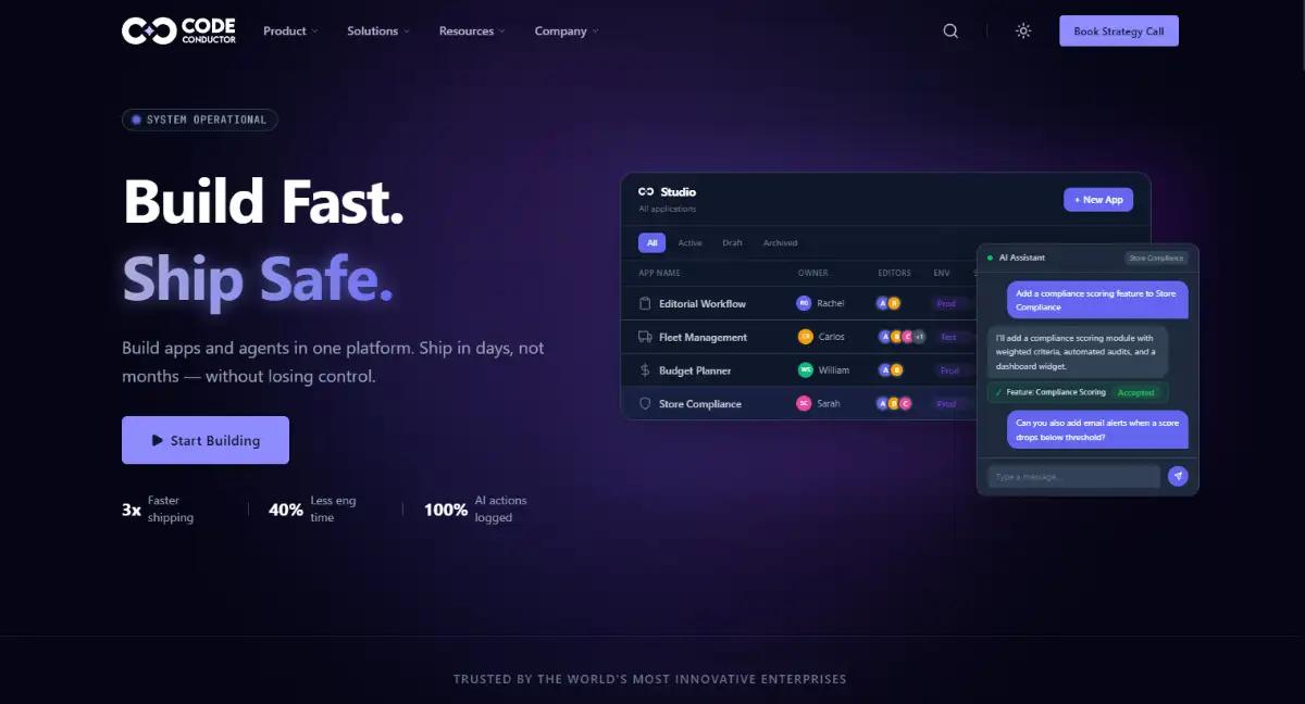 CodeConductor AI development platform homepage hero section