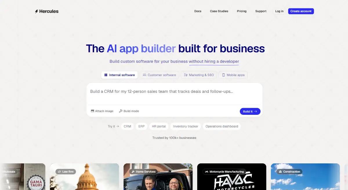 Hercules AI app and website builder homepage hero section