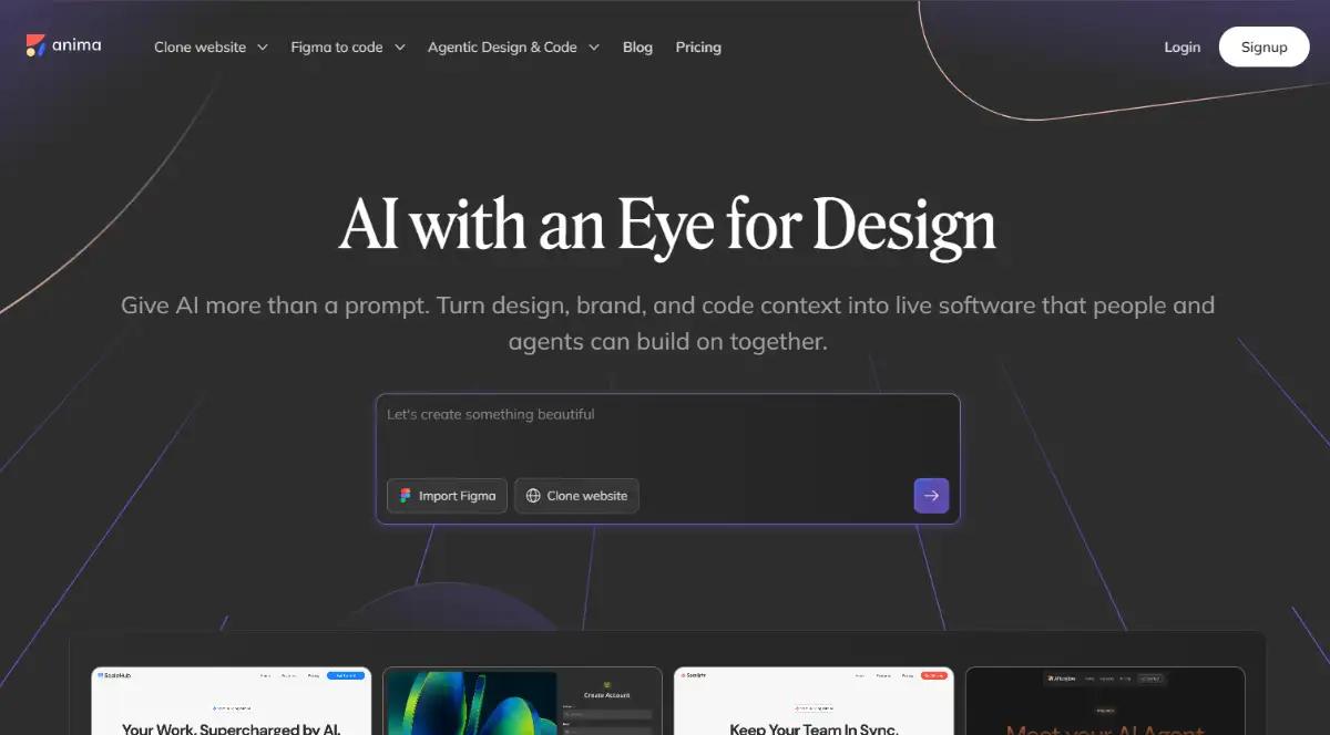 Anima design-to-code platform homepage hero section