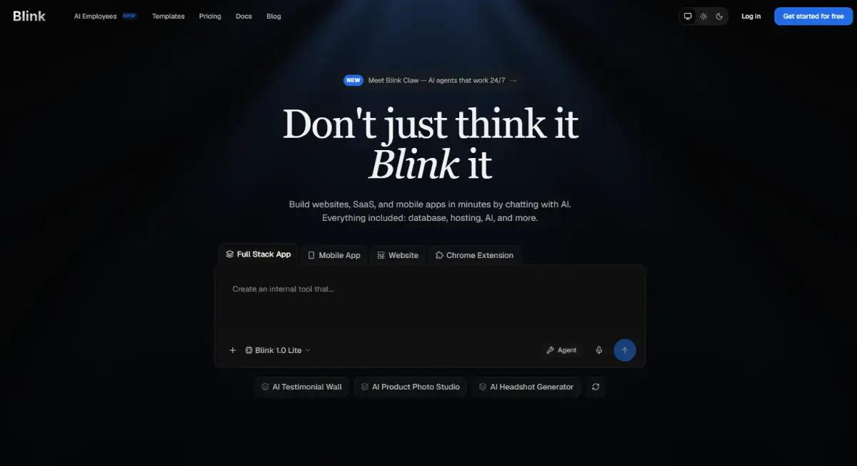 Blink AI agentic app builder homepage hero section