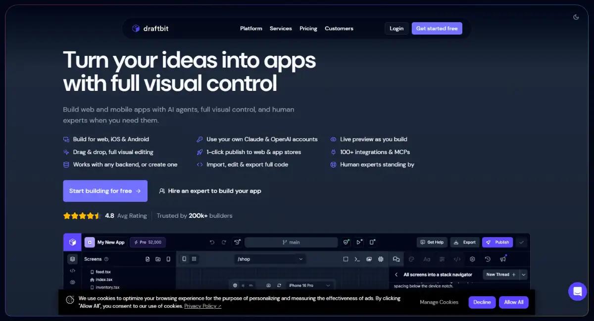 Draftbit AI-powered native app builder hero section