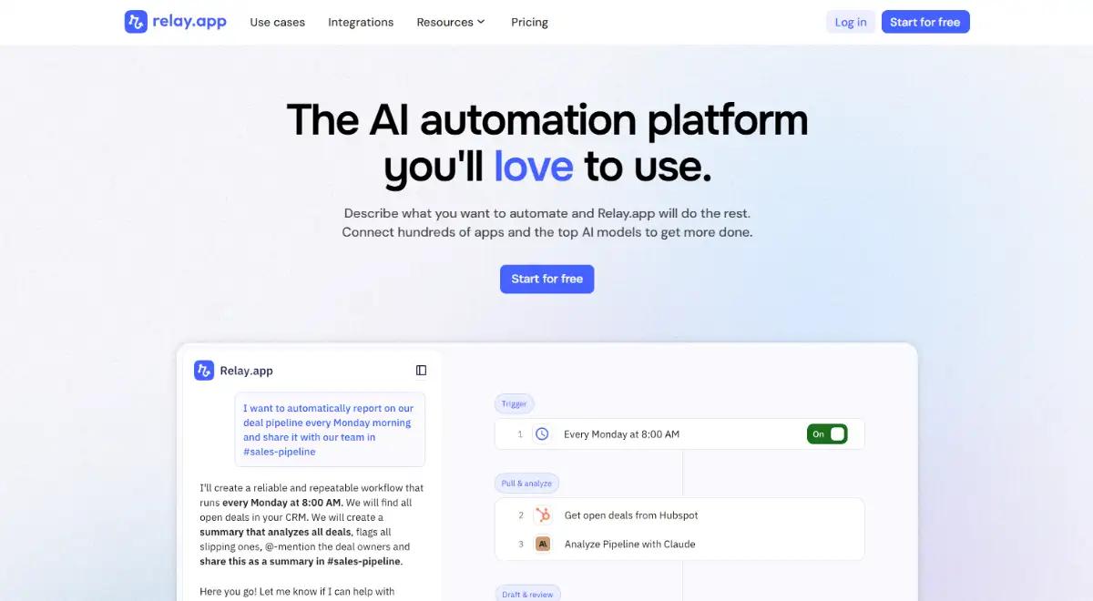Relay.app AI agent and automation builder hero section