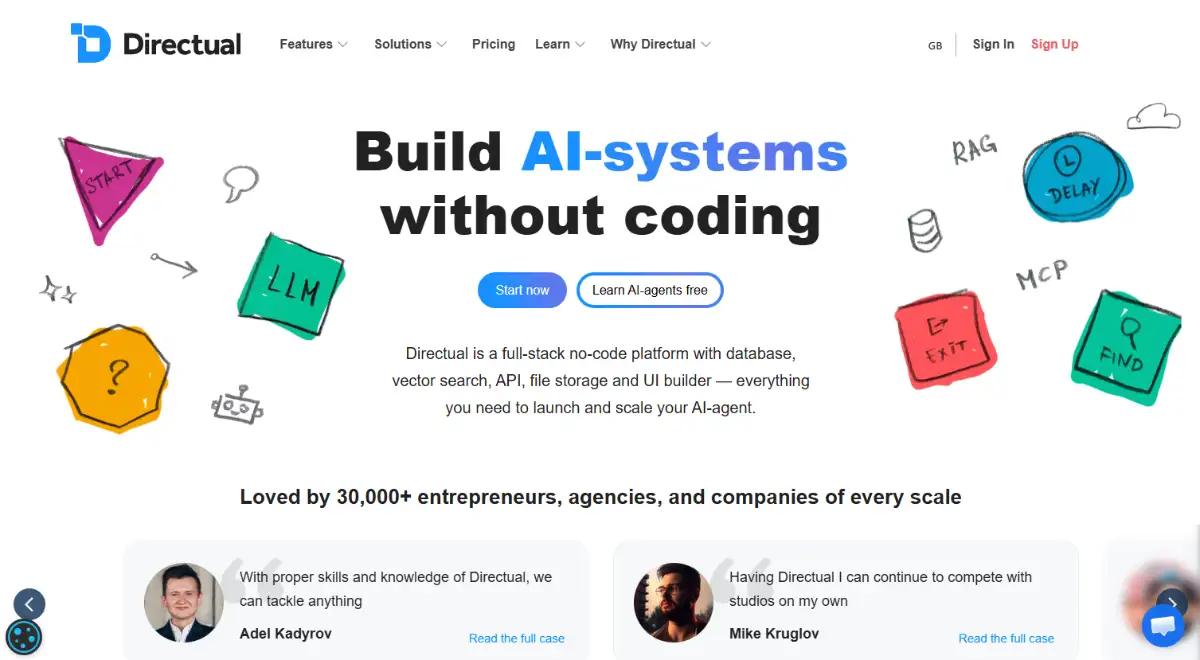 Directual no-code backend and AI agent platform hero section