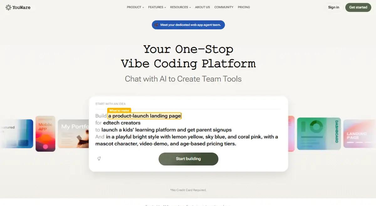 YouWare all-in-one vibe coding platform hero section