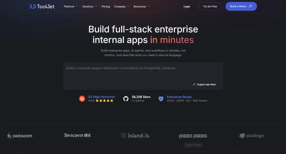 ToolJet open-source low-code platform hero section