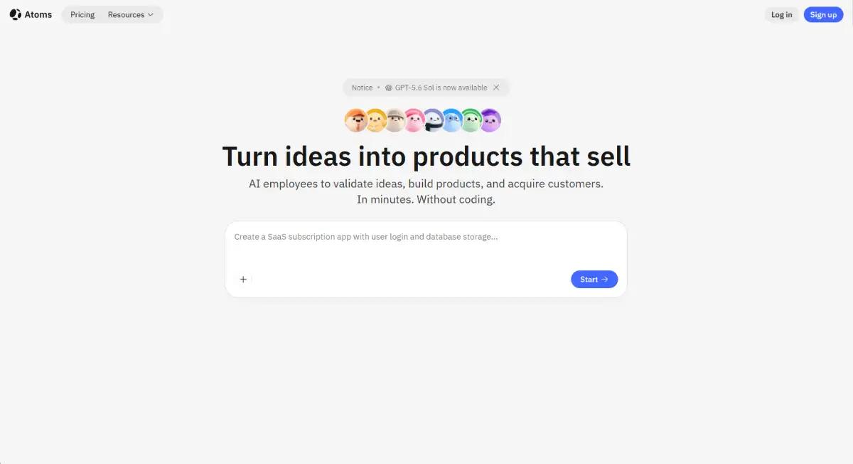 Atoms multi-agent AI full-stack app builder hero section