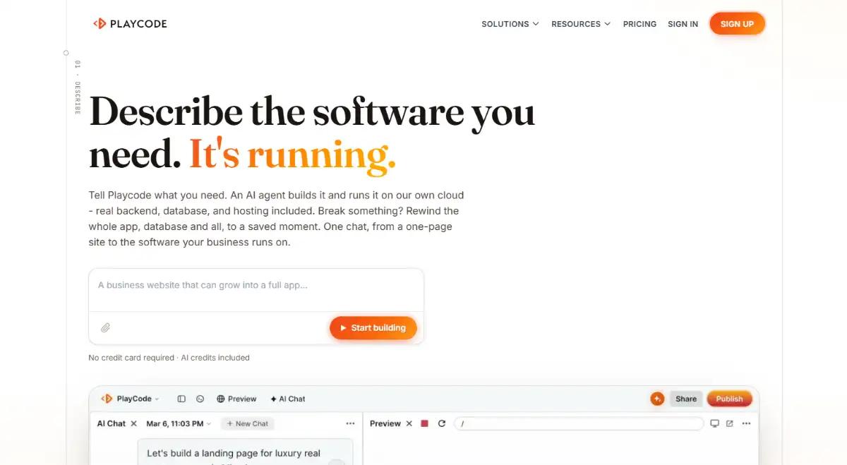 Playcode AI app builder and live editor hero section