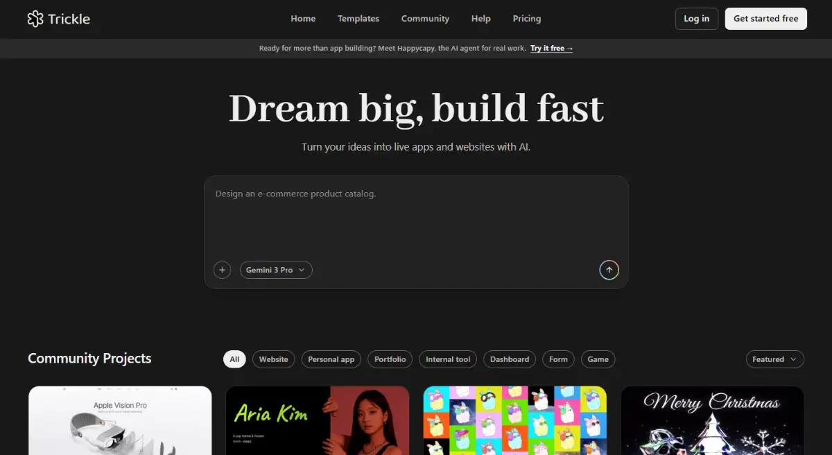 Trickle AI no-code web app builder hero section
