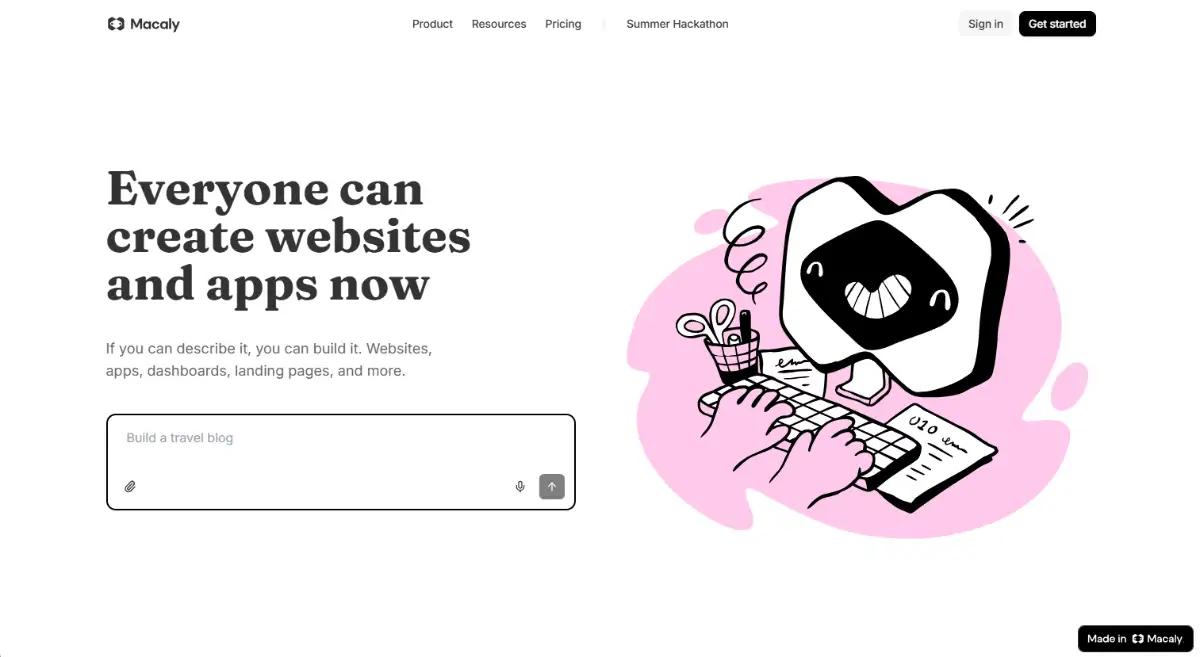 Macaly AI-first website and web app builder hero section