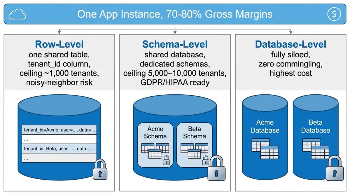 Diagram showing what is SaaS multi-tenancy through three data isolation models