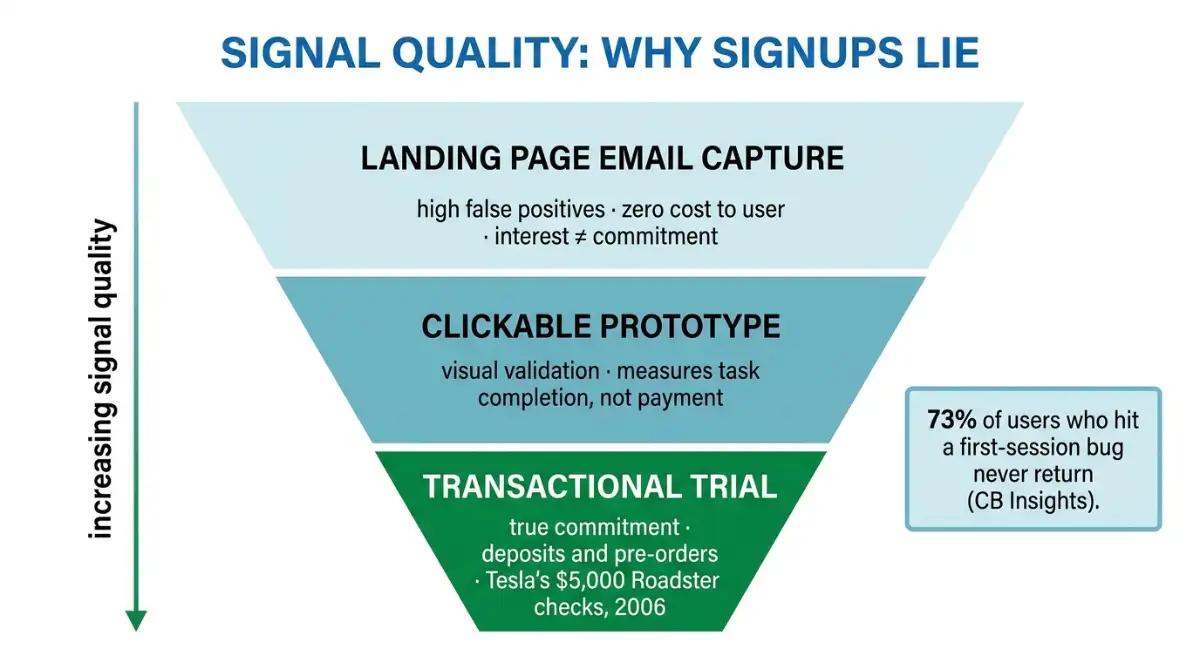 Validation funnel showing why email signups are weaker than pre-orders