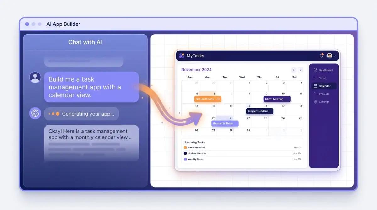 A vibe coding platform turning a natural-language prompt into a live app preview