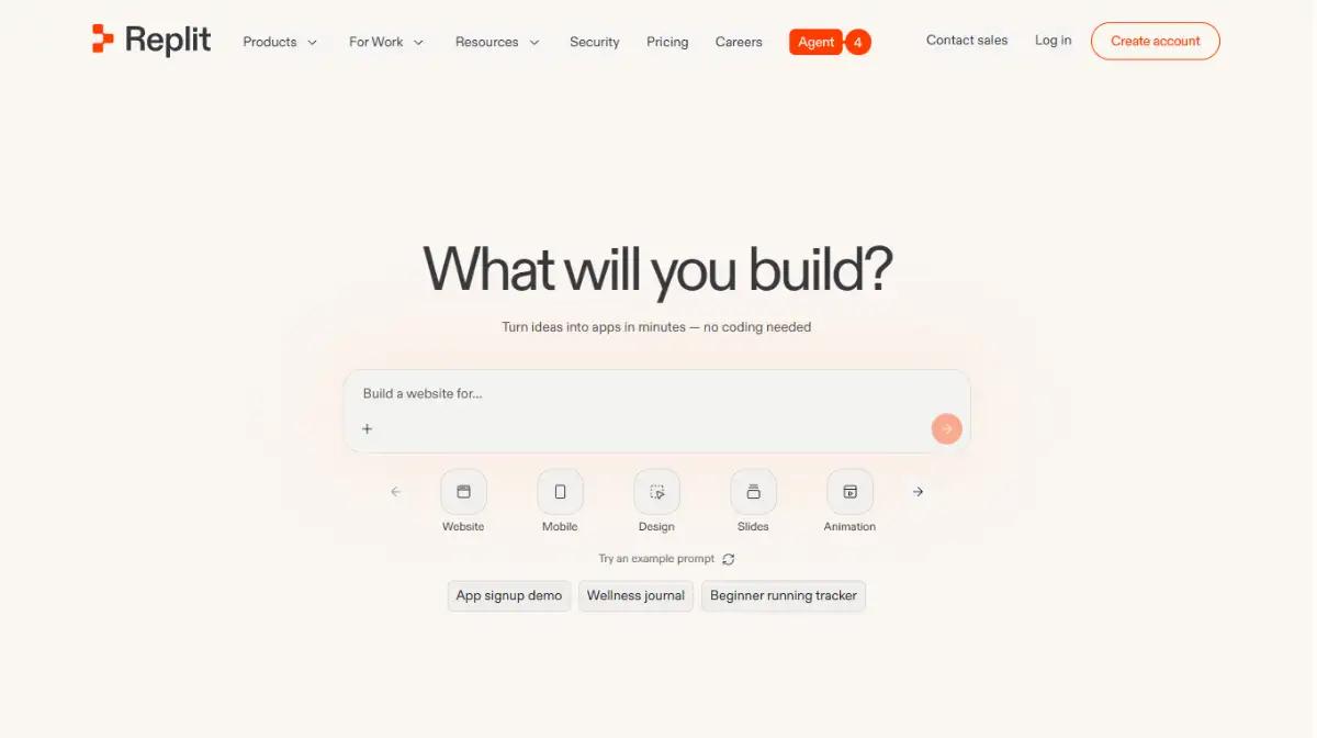 Replit homepage showing ideas turned into apps with no coding needed