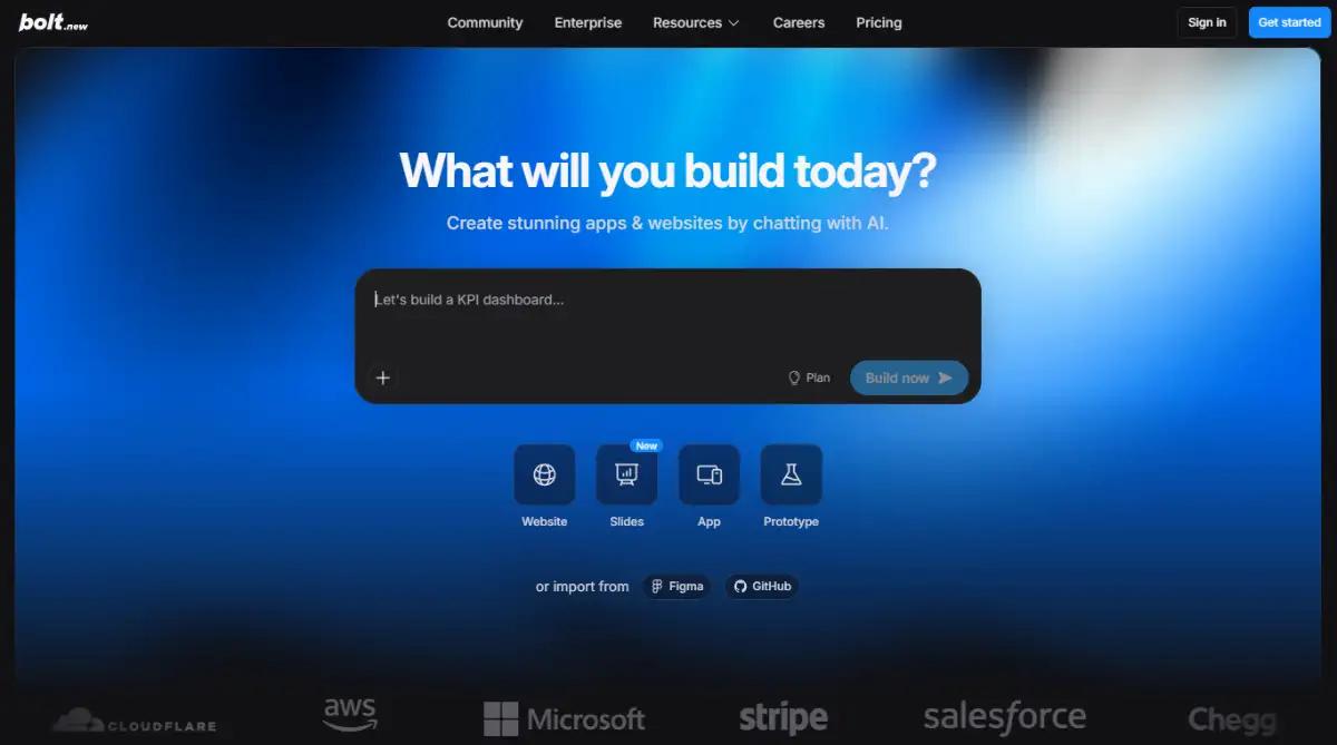 Bolt homepage showing its chat-driven app and website builder