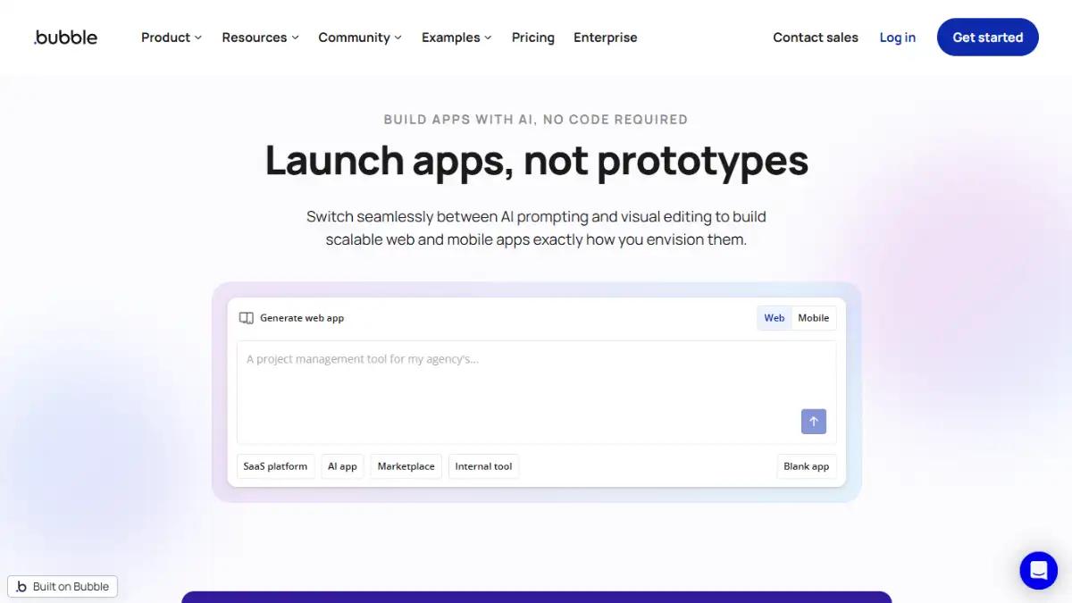 Bubble homepage with the tagline launch apps not prototypes
