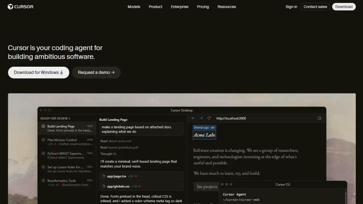 Cursor homepage presenting its AI coding agent built on VS Code