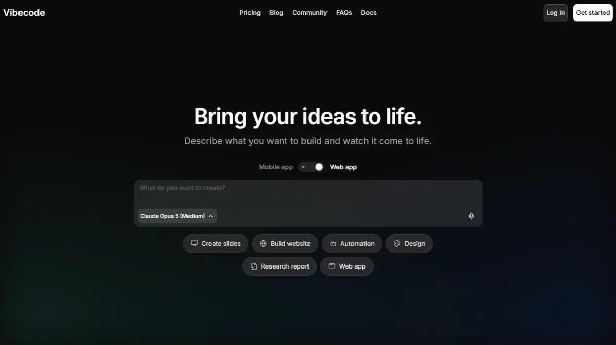 Vibecode homepage showing text descriptions turned into mobile and web apps