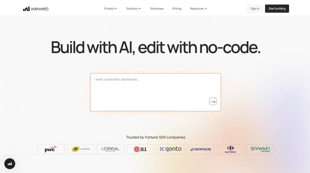 Weweb homepage promoting building with AI and editing with no-code