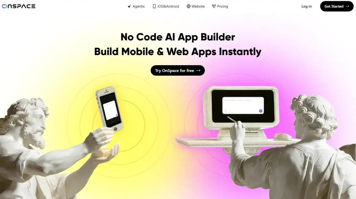 OnSpace homepage advertising a no-code AI app builder for mobile and web