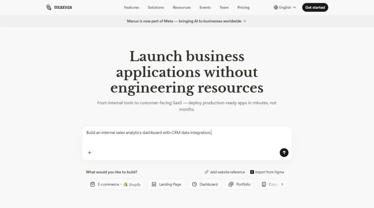 Manus AI homepage promoting business apps built without engineering resources
