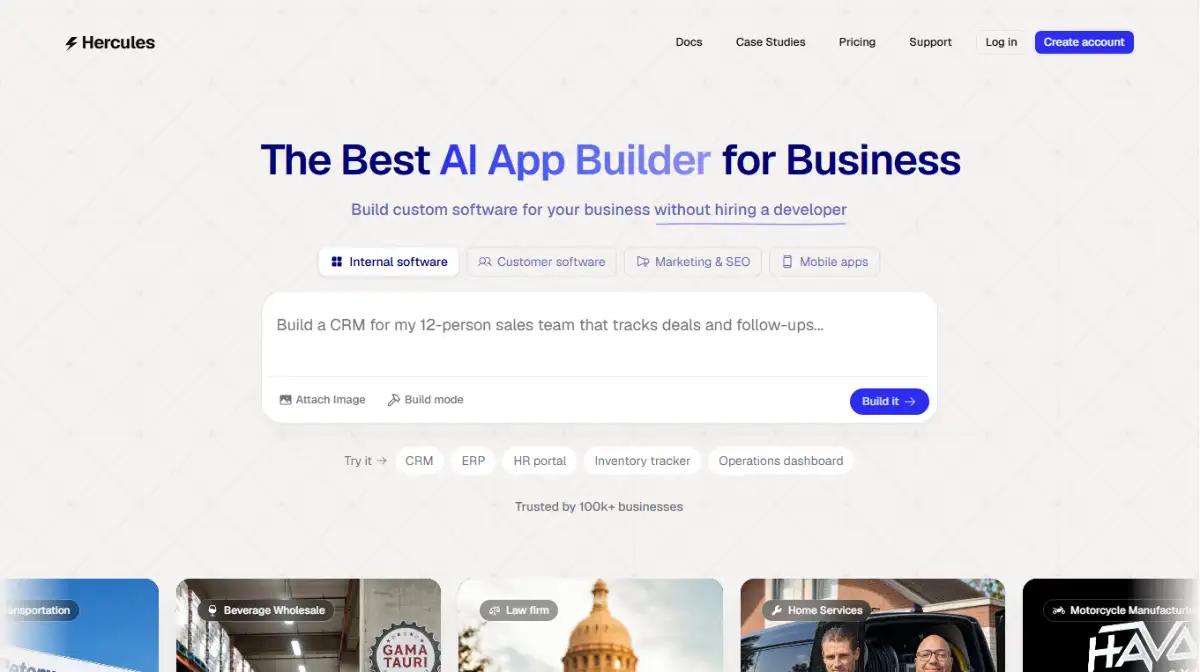 Hercules homepage promoting AI-built custom business software without a developer