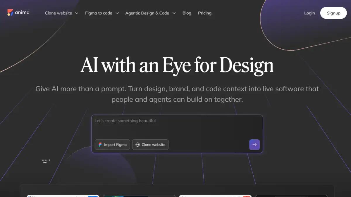 Anima homepage promoting AI with an eye for design