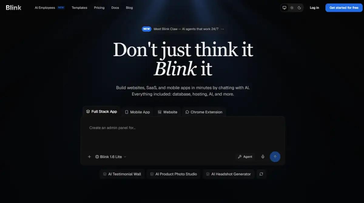 Blink homepage showing its chat-to-app full-stack builder interface