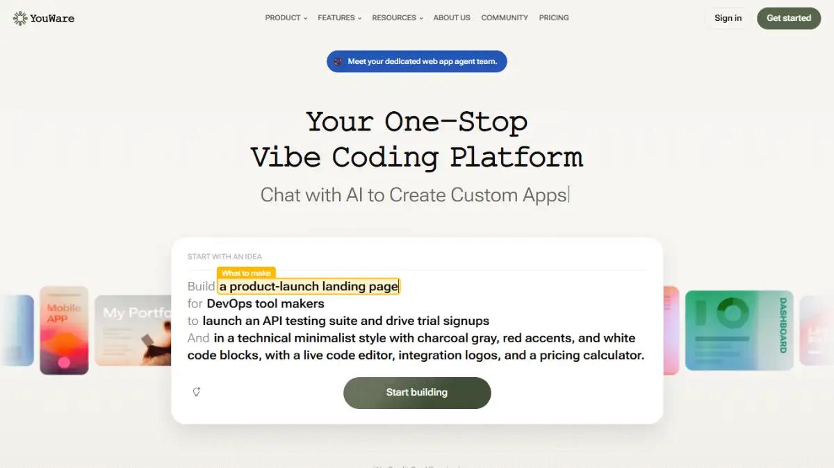 YouWare homepage promoting an all-in-one vibe coding platform