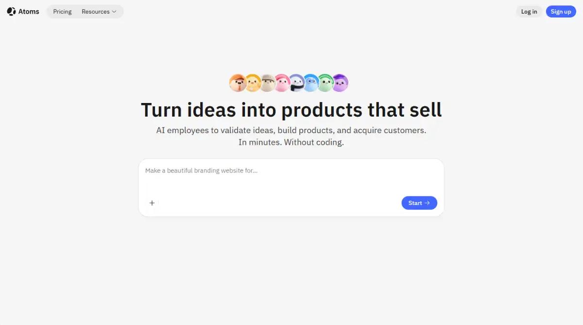 Atoms homepage promoting turning ideas into products that sell
