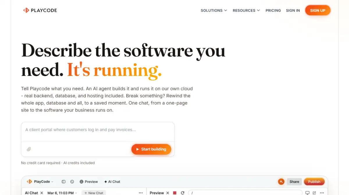 Playcode homepage inviting users to describe the software they need