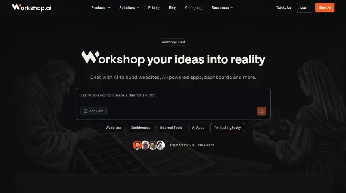 Workshop homepage inviting users to chat with AI to build apps and dashboards