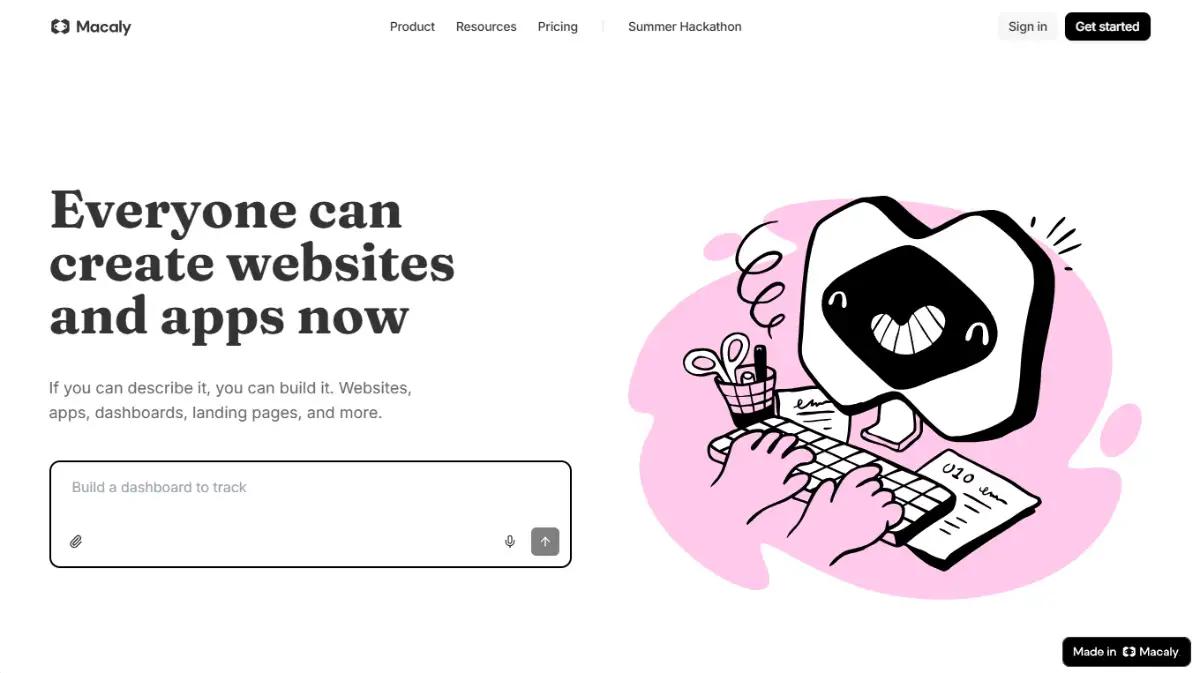 Macaly homepage stating everyone can create websites and apps now