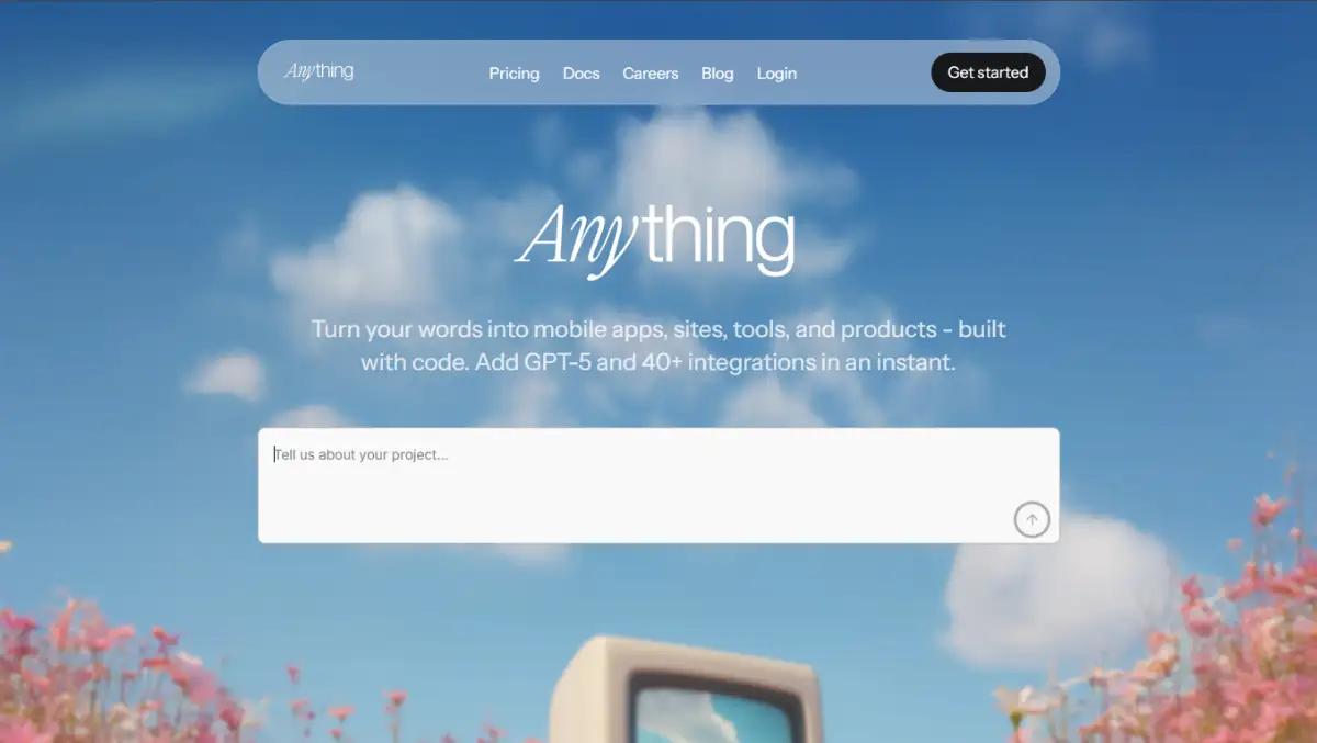 Anything homepage showing words turned into mobile apps, sites, and tools