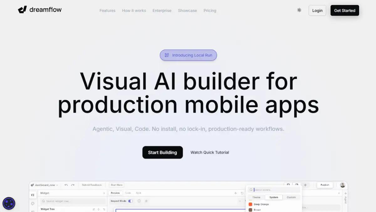 Dreamflow homepage showing a visual AI builder for production mobile apps
