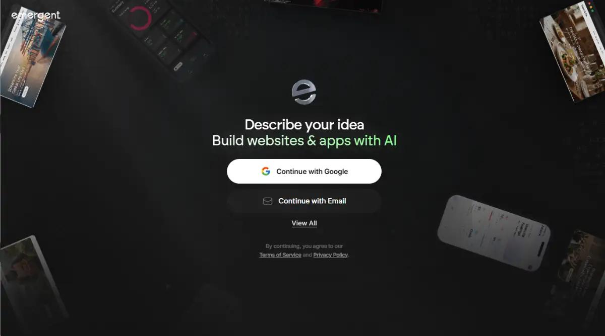 Emergent homepage inviting users to describe an idea and build with AI