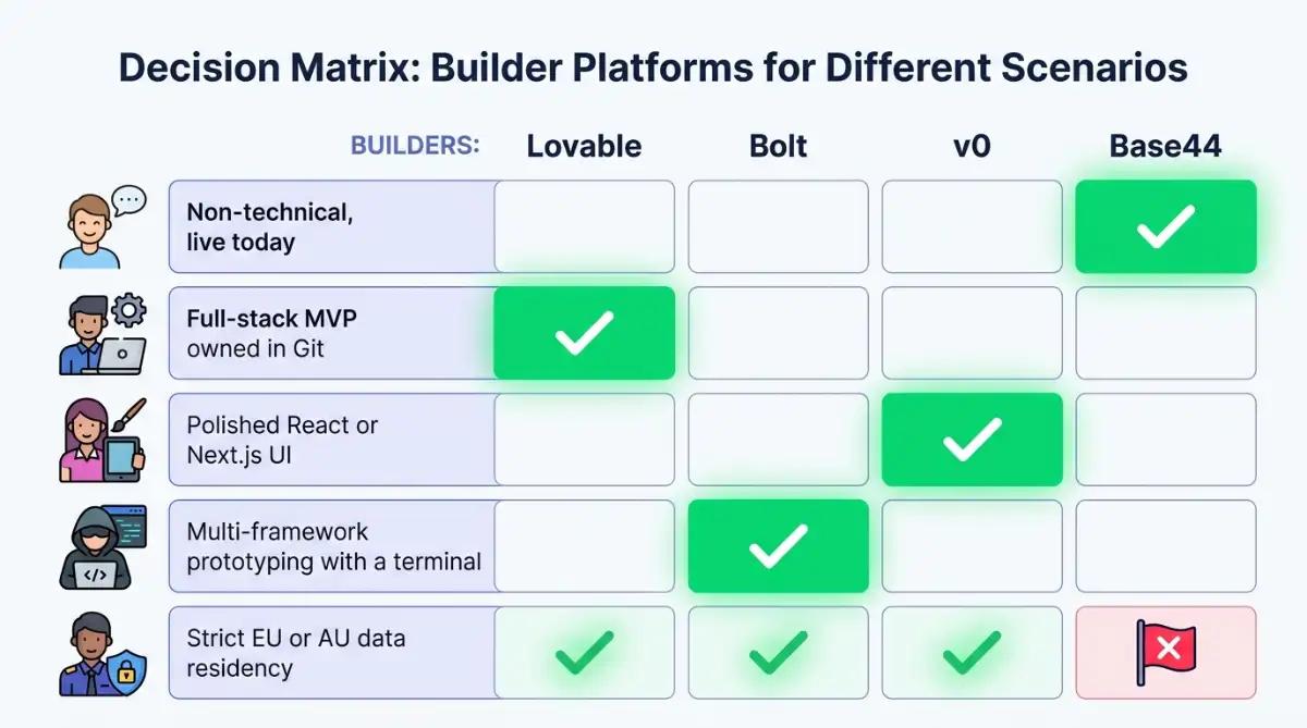 Decision matrix matching builder choice to non-coder, full-stack and frontend scenarios