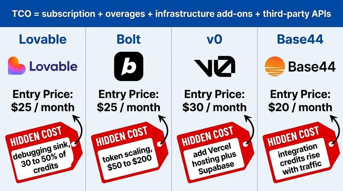 Entry pricing comparison of Lovable, Bolt, v0 and Base44 with hidden costs