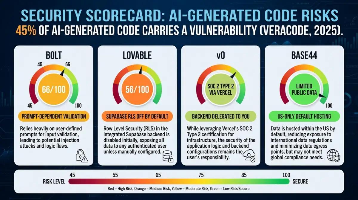 Security scores for Bolt, Lovable and v0 with 45% AI code vulnerability stat