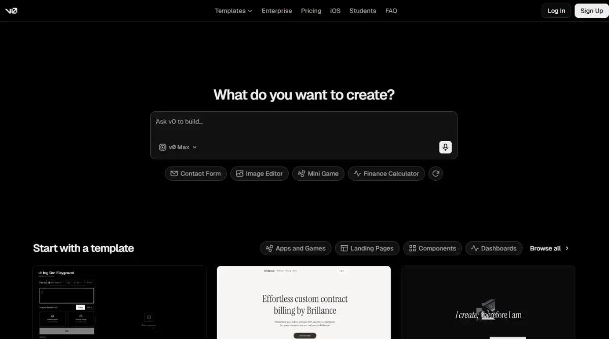 v0 best vibe coding tool homepage screenshot