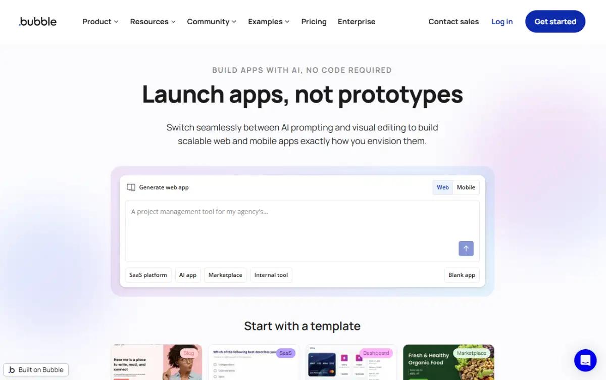 Bubble no code development platform homepage showing the visual application editor