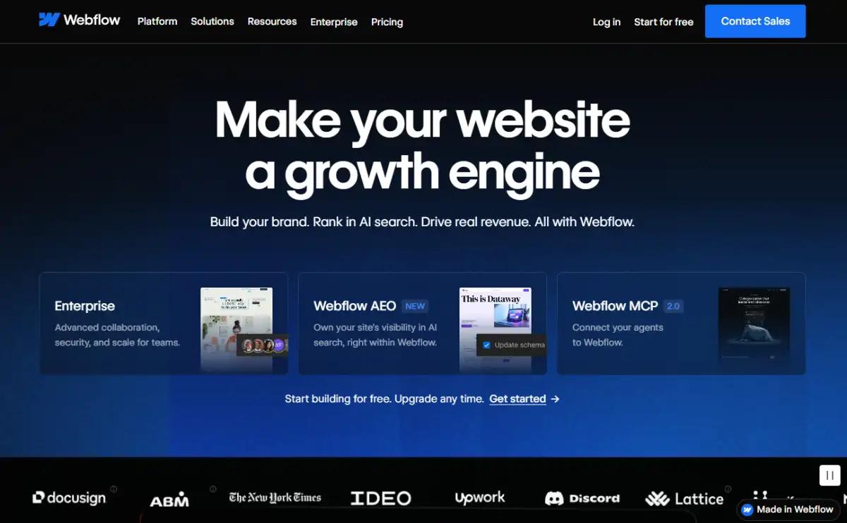 Webflow homepage showing the visual site designer and CMS