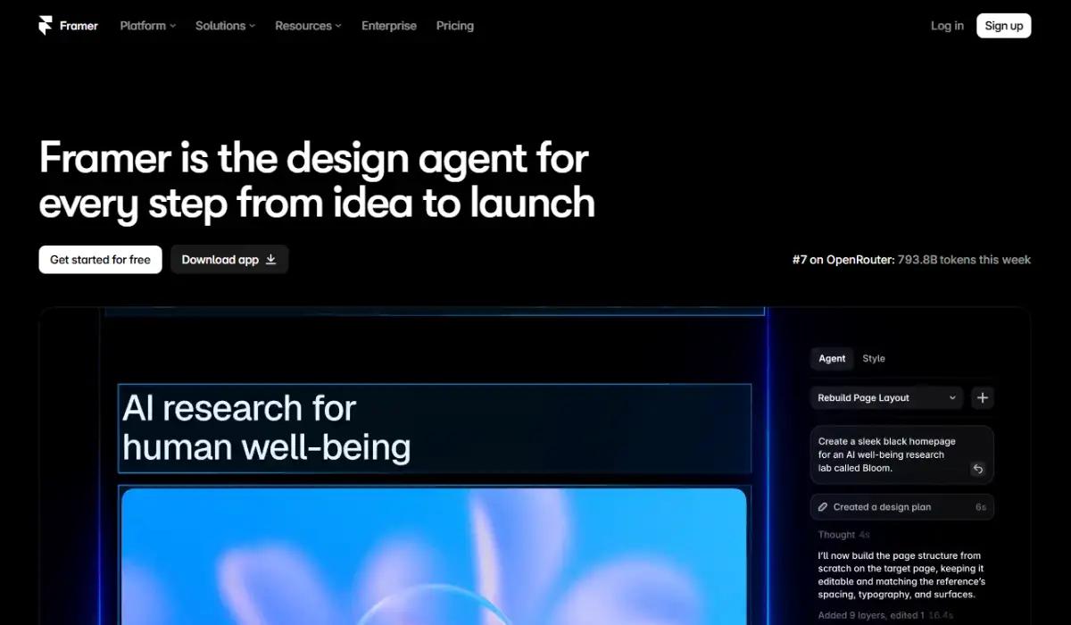 Framer homepage showing animated landing page templates