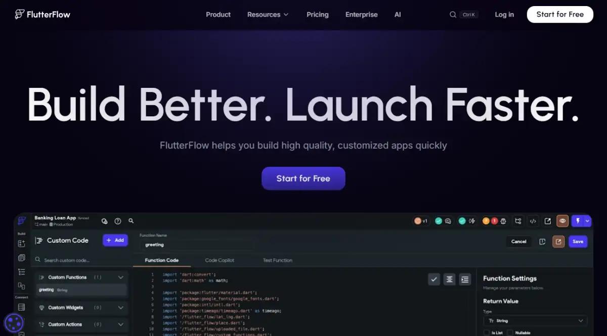 FlutterFlow no code app development platform homepage with Flutter visual builder