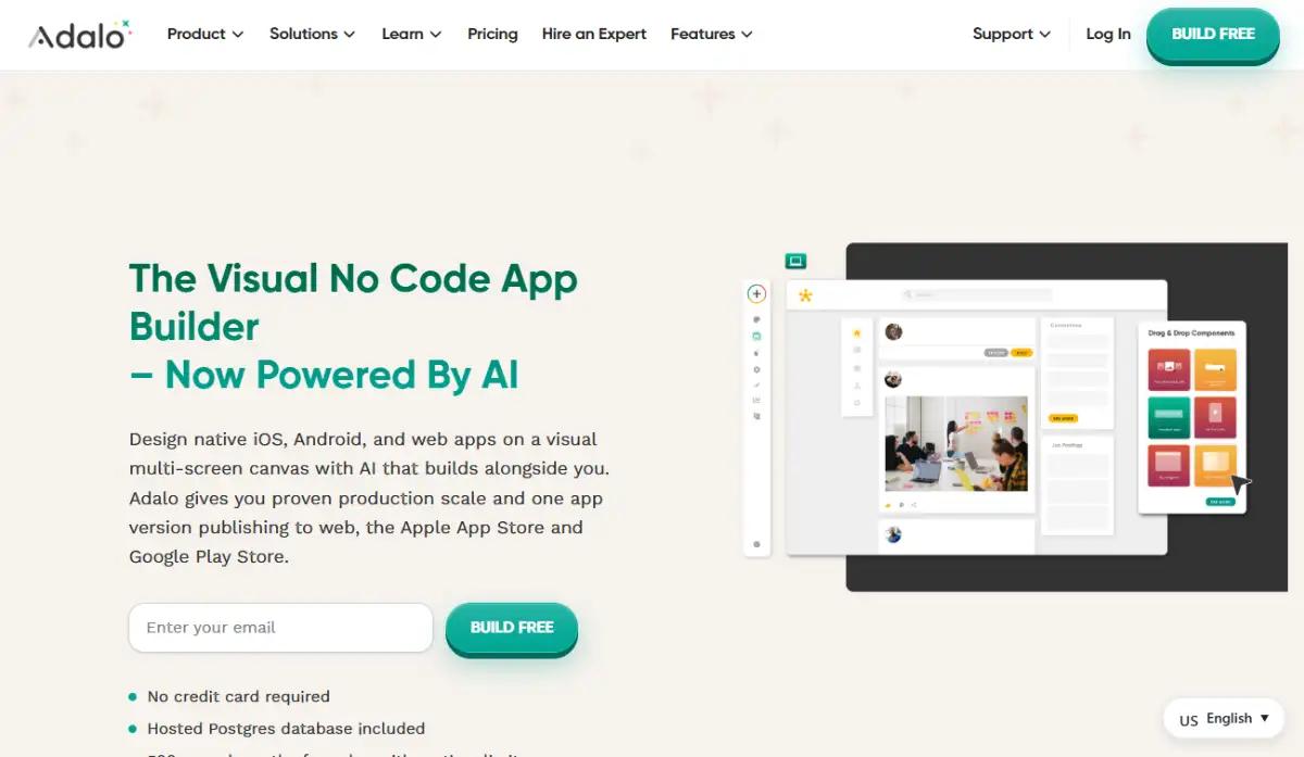 Adalo homepage showing drag and drop mobile app components