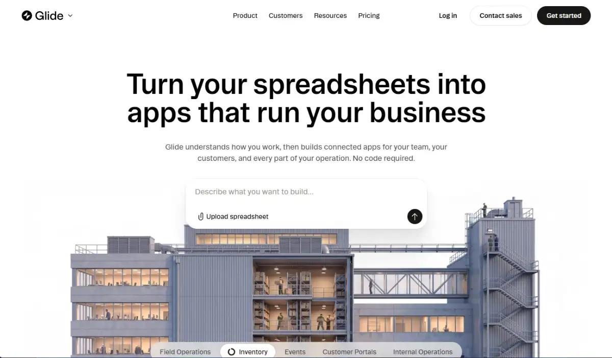 Glide homepage showing spreadsheet powered app dashboards
