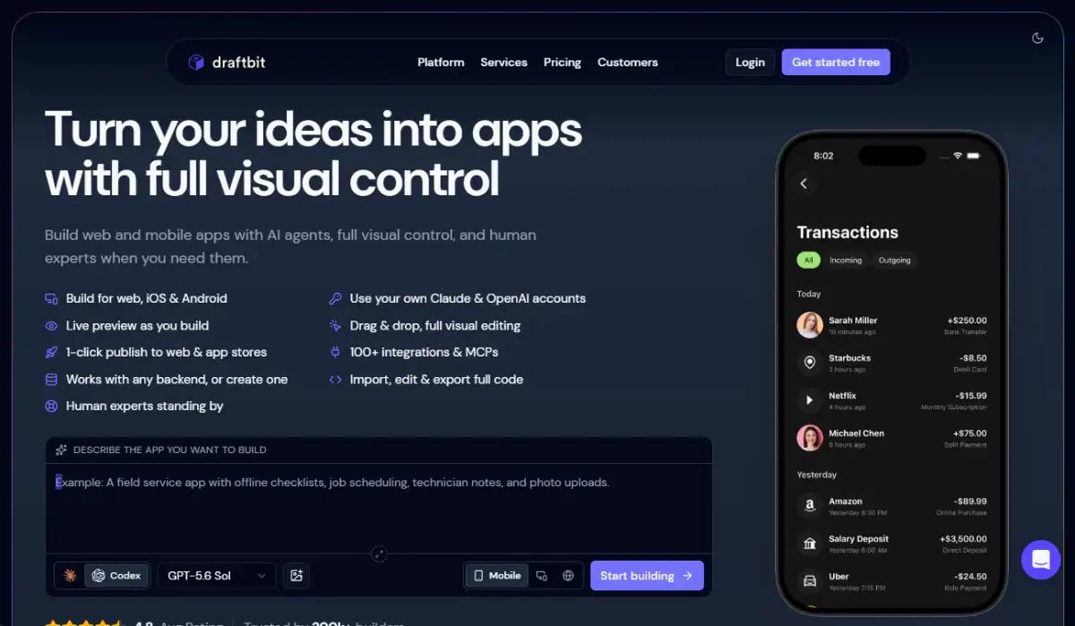 Draftbit homepage showing React Native visual builder
