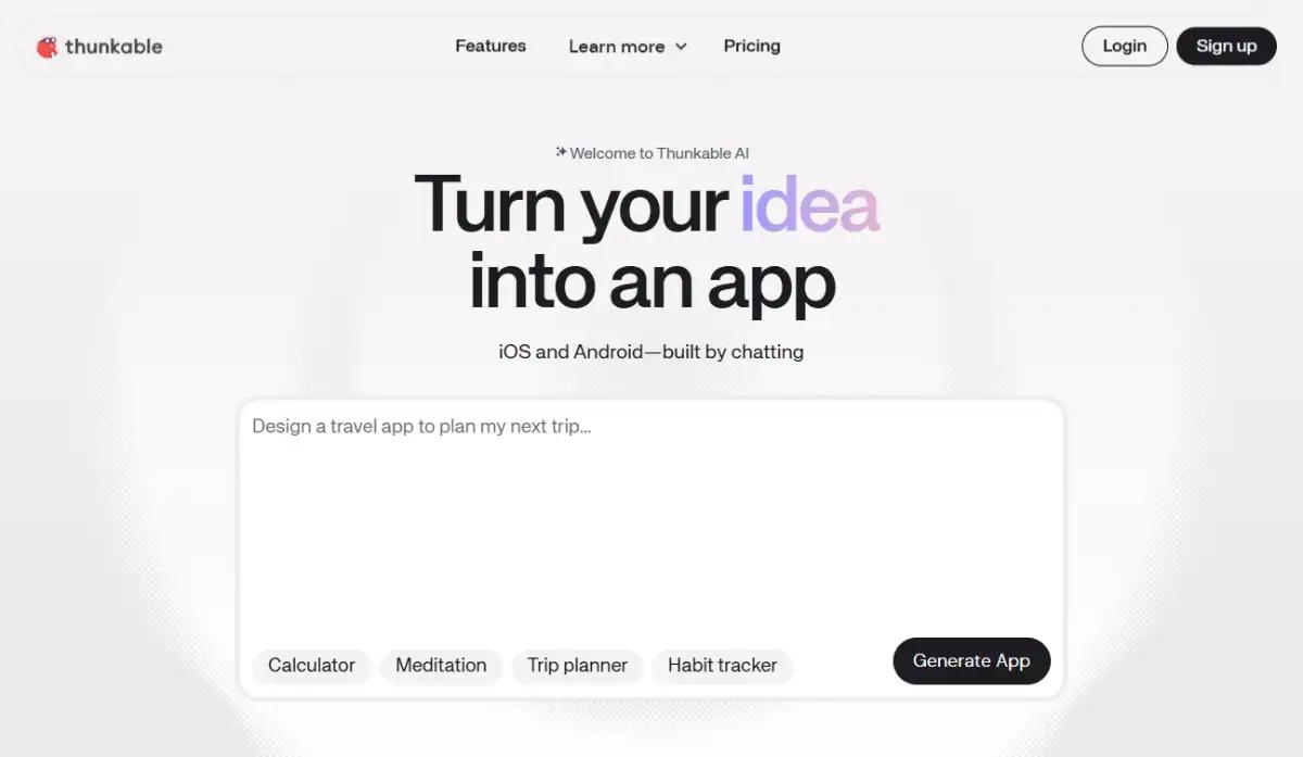 Thunkable homepage showing block based app logic editor