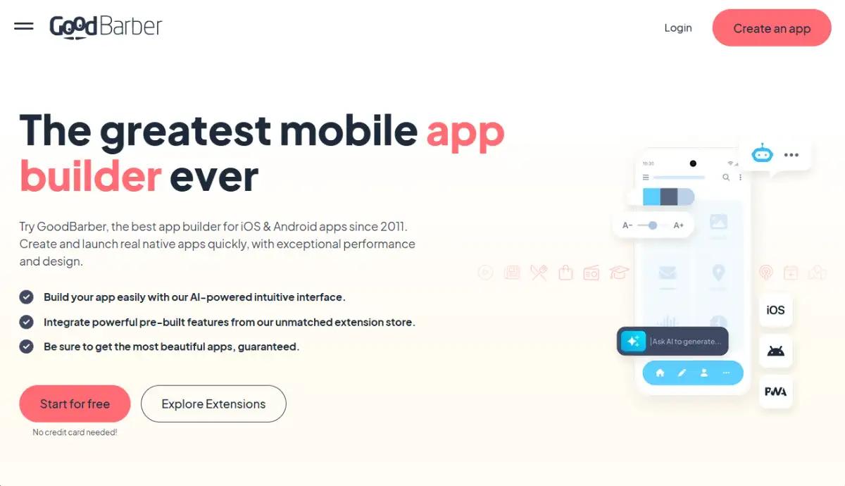 GoodBarber homepage showing native mobile app templates for retail